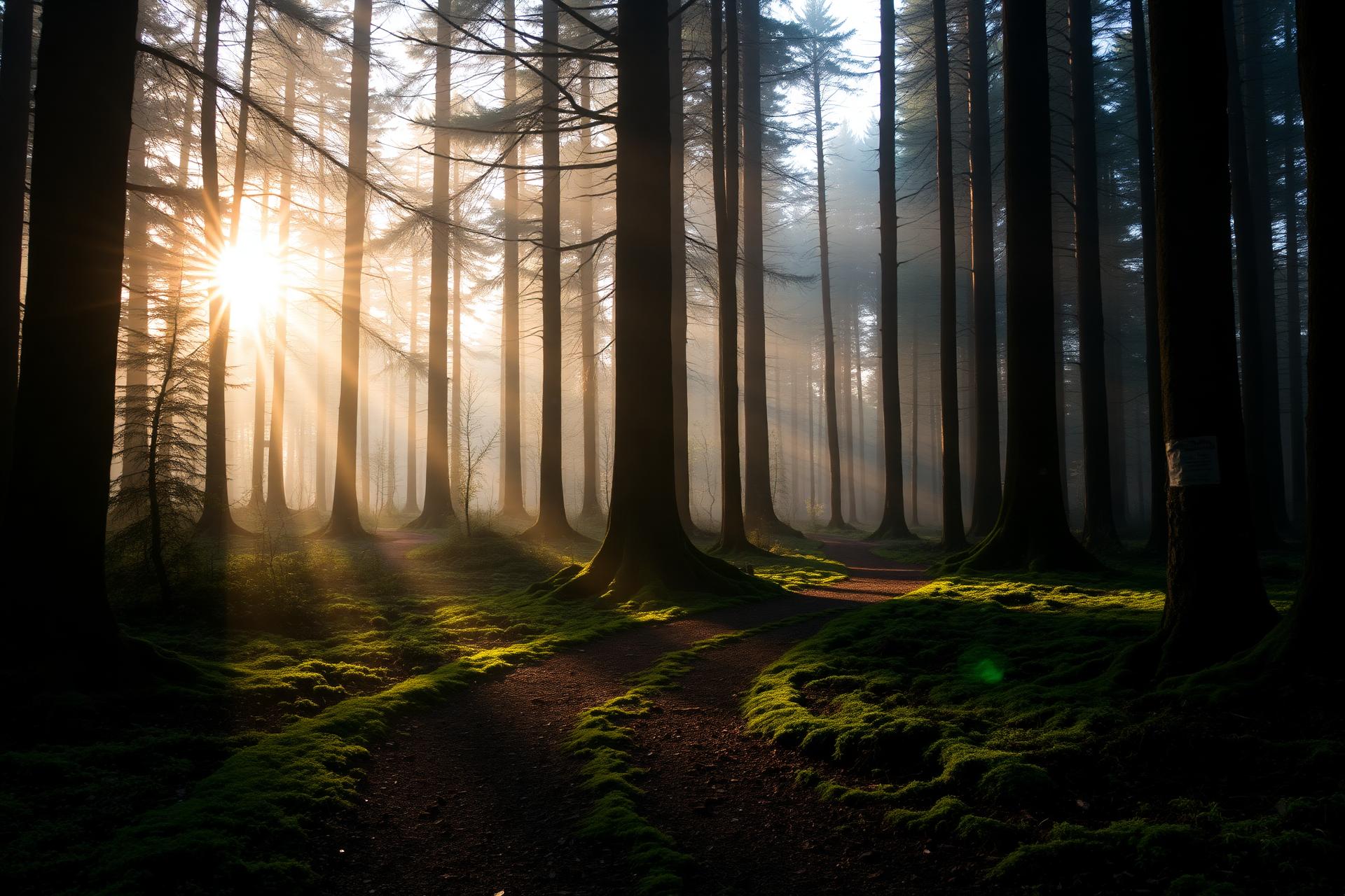 Sunlight through a misty forest
